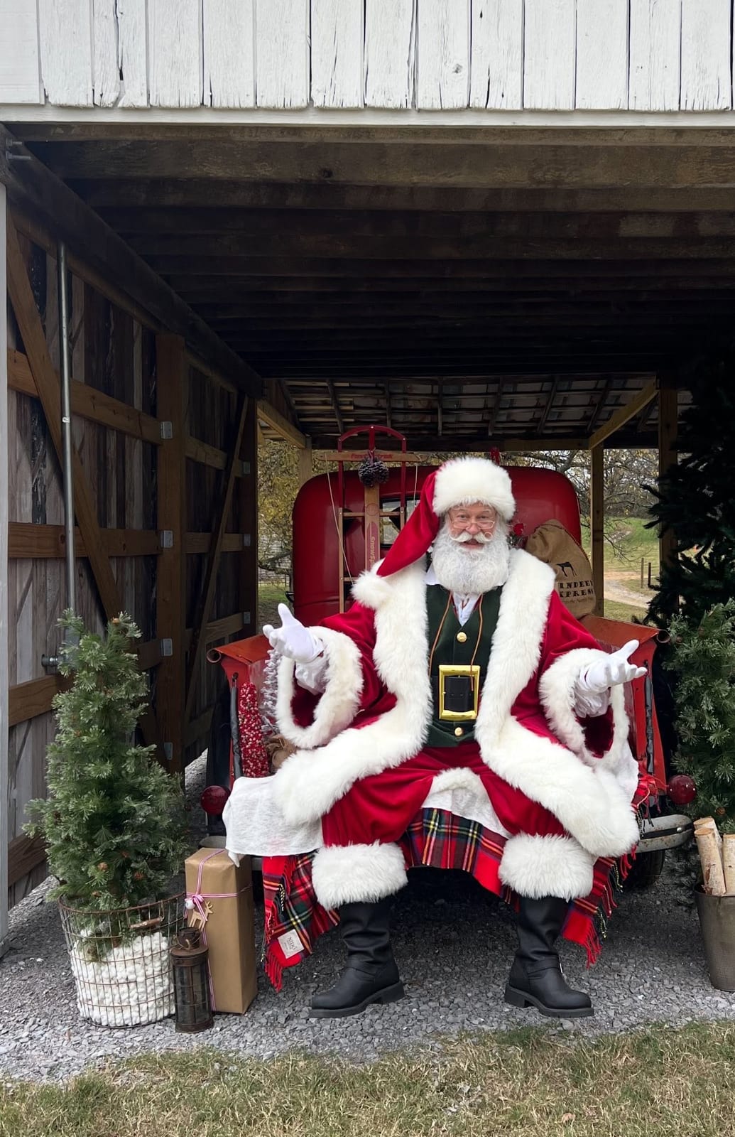 Santa Claus seated in a red velvet chair beside small decorated trees