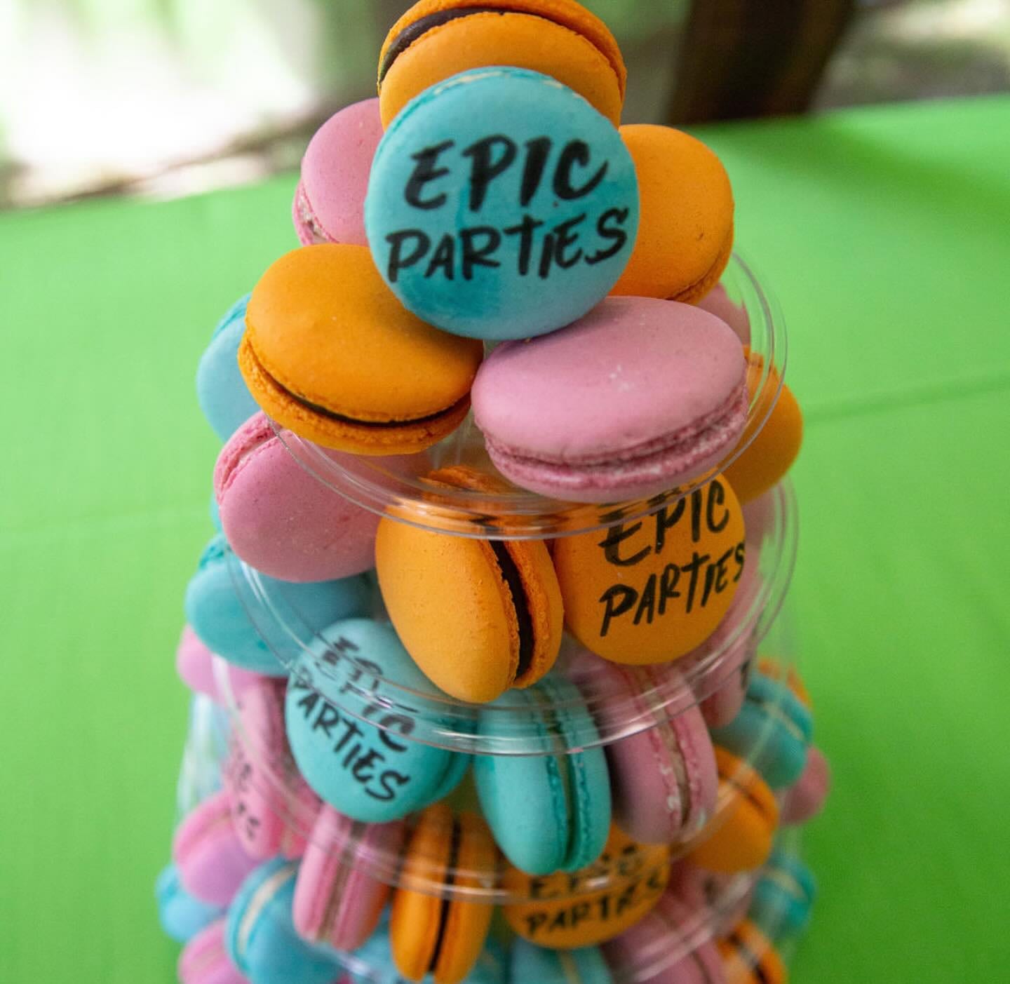 Stacked macarons printed with the EPIC Parties logo in pastel colors