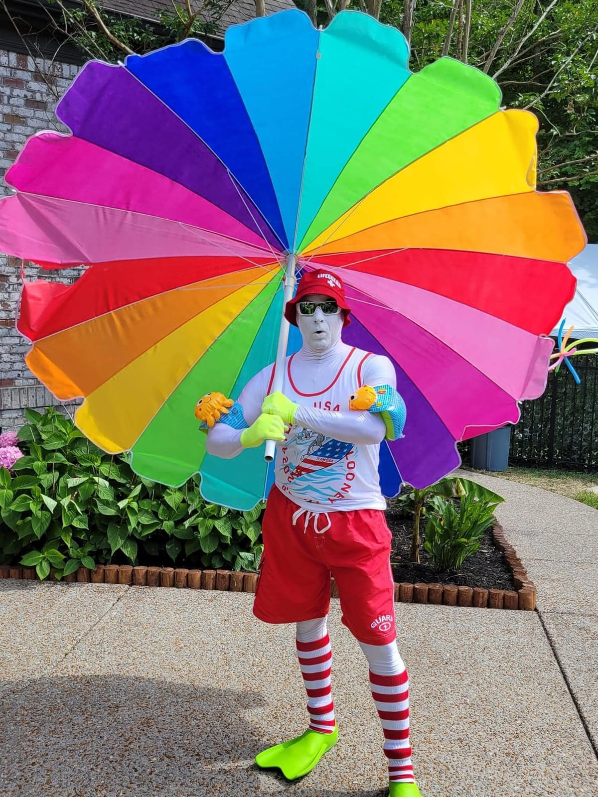Performer in striped socks holding a large rainbow parasol on a driveway