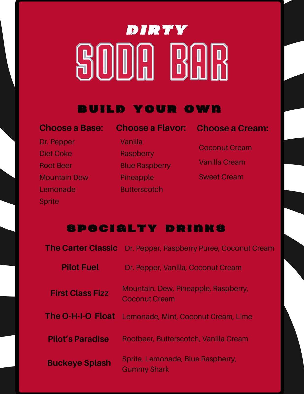 Zebra-print Dirty Soda Bar menu in red and black listing build-your-own bases and specialty drinks