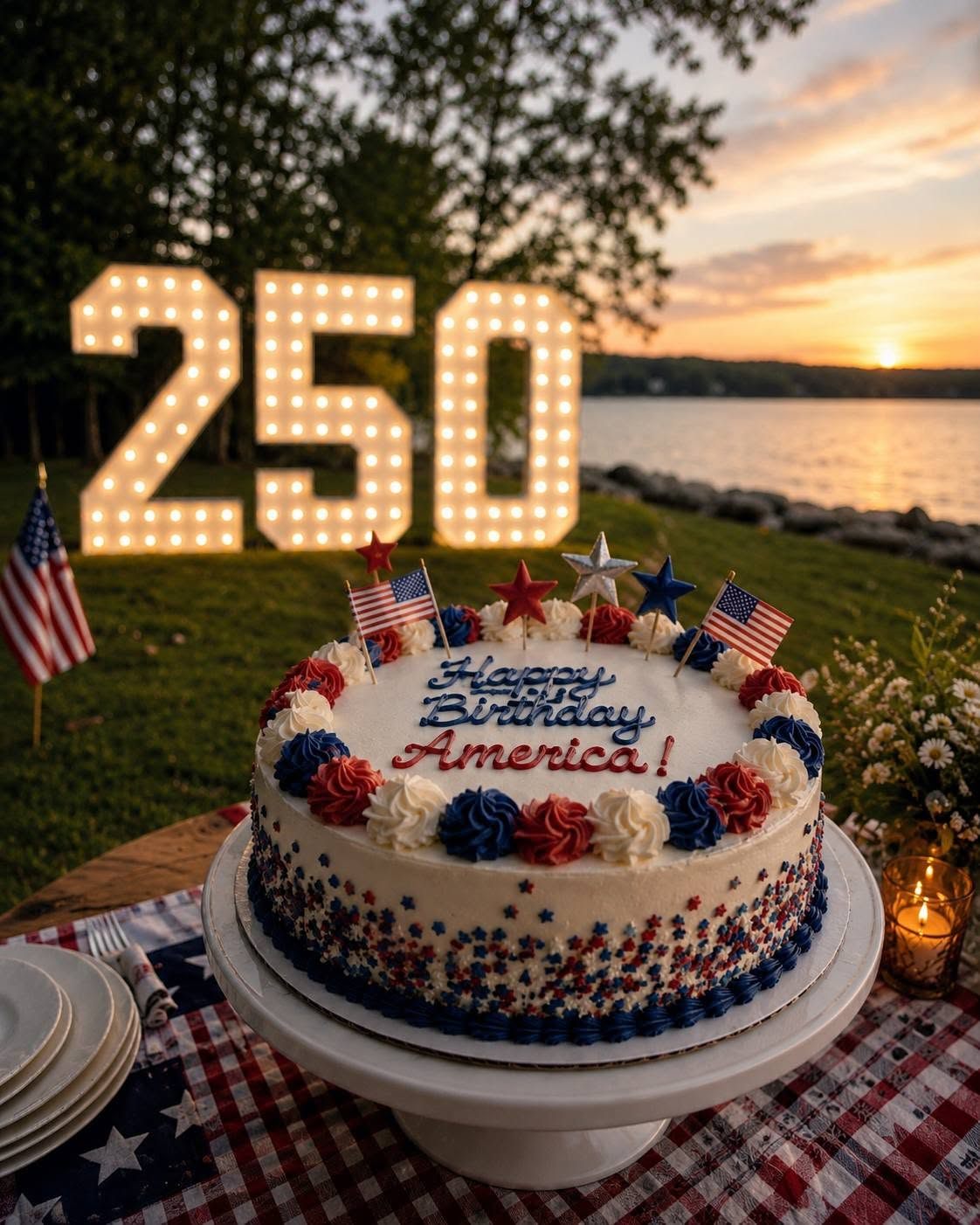 A Happy Birthday America cake with flags and star sprinkles beside a lit 250 marquee at sunset
