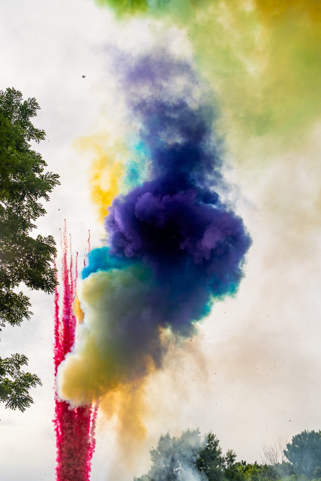 Plumes of purple, yellow and pink colored smoke rising beside tall trees